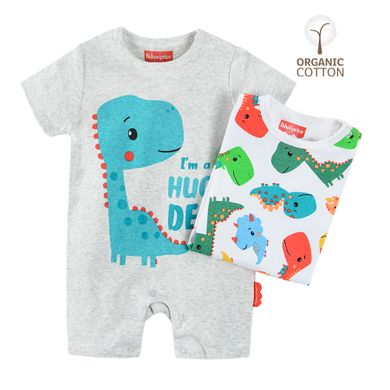 Cool Club, Salopeta Rompers pentru baieti, bumbac organic, mix de culori, imprimeu dinozauri, Fisher-Price, set 2 buc.