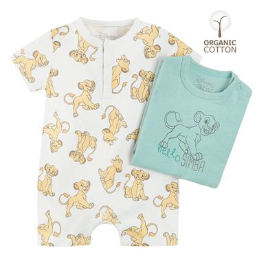 Cool Club, Salopeta Rompers pentru baieti, bumbac organic, turcoaz, gri, imprimeu Lion King, set 2 buc.
