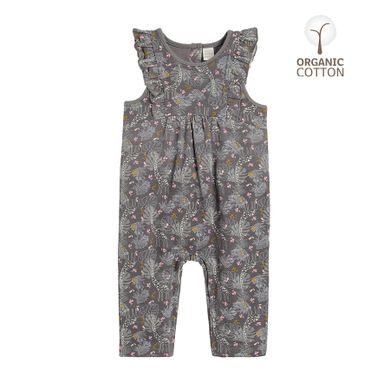 Cool Club, Salopeta Rompers pentru fete, bumbac organic, negru-grafit, imprimeu girafe