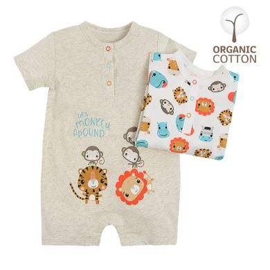 Cool Club, Salopete rompers din bumbac organic pentru bebelusi, mix de culori, imprimeu Fisher-Price, set 2 buc.