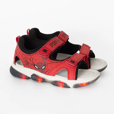 Cool Club, Sandale pentru baieti, rosu, talpa cu leduri, brant din piele, imprimeu Spider-Man