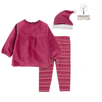 Cool Club, Set din bumbac organic pentru fete, bluza cu maneca lunga, colanti si caciula, bordo