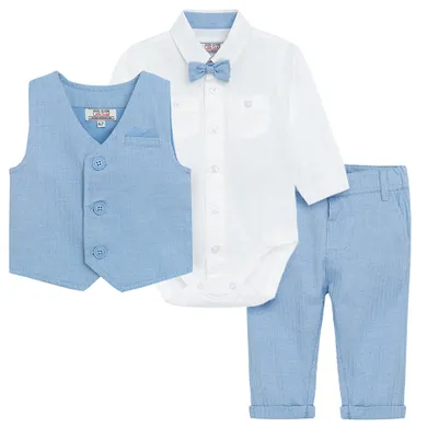 Cool Club, Set pentru baieti, Body-camasa cu maneca lunga, Papion pentru baieti, Vesta, Pantaloni, alb-albastru