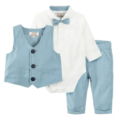 Cool Club, Set pentru baieti, body-camasa cu maneca lunga, vesta, pantaloni din material textil, papion, alb-albastru