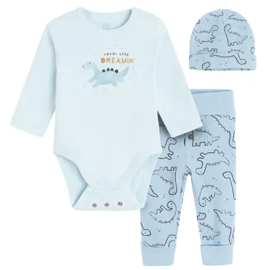 Cool Club, Set pentru baieti, Body cu maneca lunga, Pantaloni fara botosei, Caciula, din tricot striat, albastru