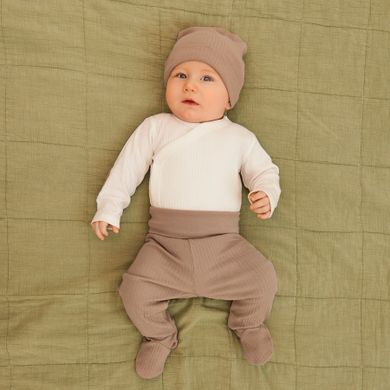 Cool Club, Set pentru baieti, Body cu maneca lunga, Pijama tip salopeta, Caciula, bumbac organic, ecru, maro