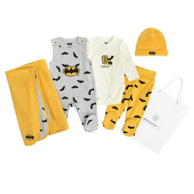 Cool Club, Set pentru baieti, Caciula, Body cu maneca lunga, Salopeta cu botosei, Pantaloni cu botosei, Patura, mix, imprimeu Batman