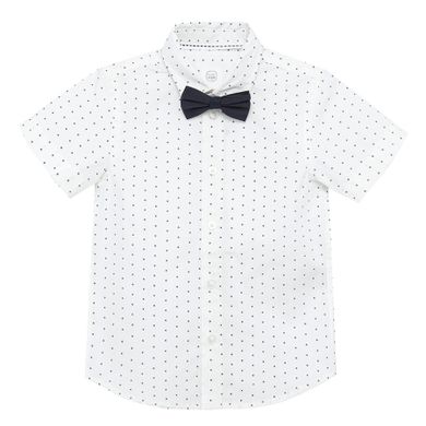 Cool Club, Set pentru baieti, camasa cu maneca scurta si papion, alb-bleumarin, imprimeu figuri geometrice