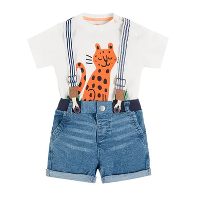 Cool Club, Set pentru baieti, tricou si pantaloni scurti de blugi, cu bretele, mix de culori, imprimeu Roarsome
