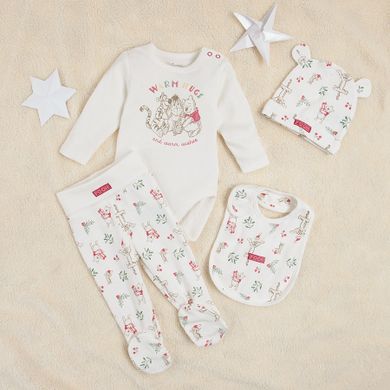 Cool Club, Set pentru bebelusi, Body cu maneca lunga, Pantaloni cu botosei, Caciula, Baveta, ecru, imprimeu Winnie the Pooh