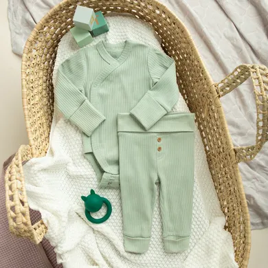 Cool Club, Set pentru bebelusi, Body cu maneca lunga, Pantaloni fara botosei, din tricot striat, verde