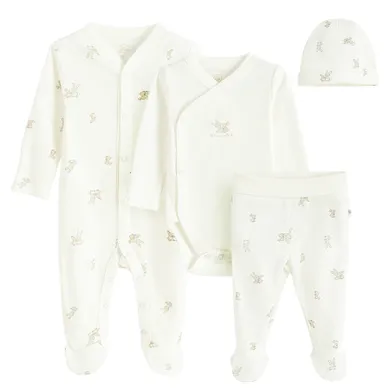 Cool Club, Set pentru bebelusi, Body cu maneca lunga, Pijama tip salopeta, Pantaloni cu botosei, Caciula, alb