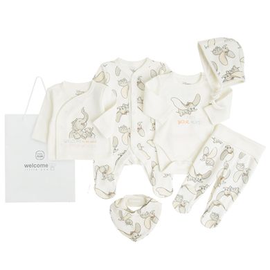 Cool Club, Set pentru bebelusi, Caciula, Esarfa, Pijama tip salopeta, Body cu maneca lunga, Bluza cu capse, Pantaloni cu botosei, ecru, imprimeu Dumbo