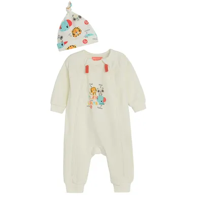 Cool Club, Set pentru bebelusi, Pijama tip salopeta, Caciula, ecru, imprimeu Fisher-Price