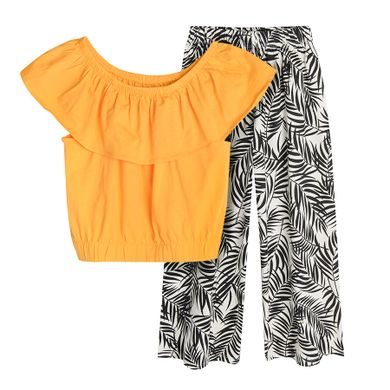 Cool Club, Set pentru fete, bluza cu maneca scurta in stil spaniol si pantaloni din material textil, mix de culori, imprimeu frunze