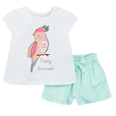 Cool Club, Set pentru fete, Bluza cu maneca scurta, Pantaloni scurti, alb-verde menta, imprimeu papagal, Pretty Summer