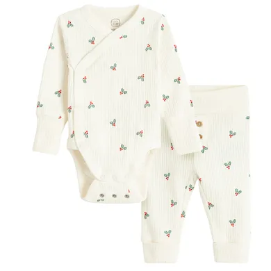 Cool Club, Set pentru fete, Body cu maneca lunga, Pantaloni fara botosei, din tricot striat, alb