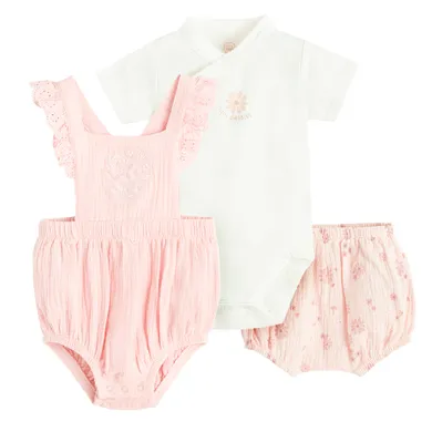Cool Club, Set pentru fete, Body cu maneca scurta, Salopeta scurta, Pantaloni scurti, bloomers, muselina, mix