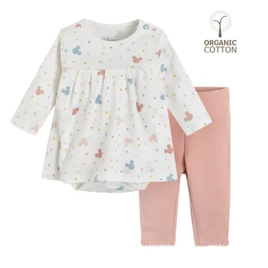 Cool Club, Set pentru fete din bumbac organic, body-rochie cu maneca lunga, colanti, mix de culori, imprimeu Minnie Mouse