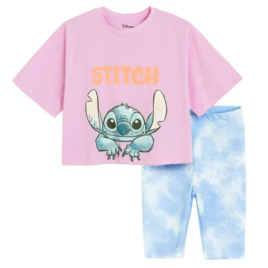 Cool Club, Set pentru fete, Tricou, crop top, Colanti scurti, din tricot striat, mix, imprimeu Lilo si Stitch