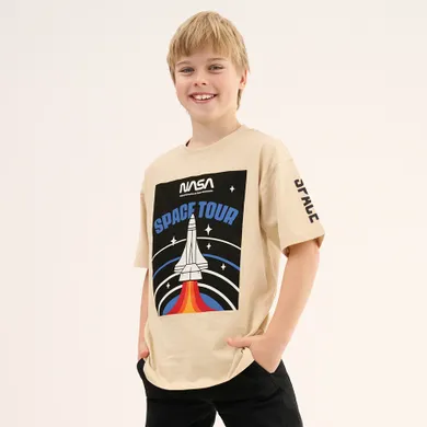 Cool Club, Tricou pentru baieti, bej, imprimeu NASA