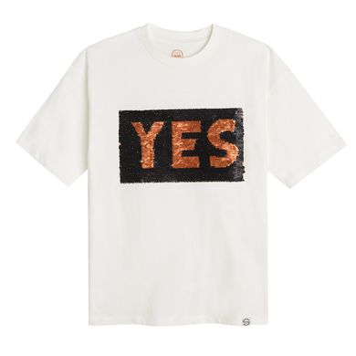 Cool Club, Tricou pentru baieti, ecru, paiete duble, imprimeu yes/no