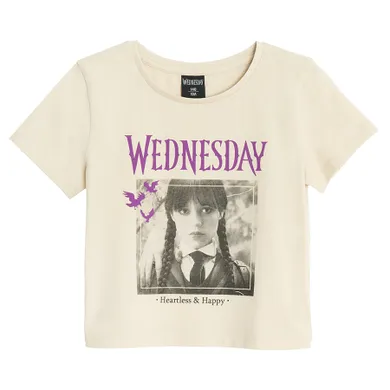 Cool Club, Tricou pentru fete, crop top, bej, imprimeu Wednesday