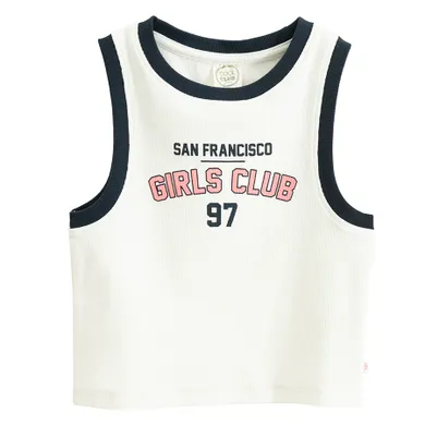Cool Club, Tricou pentru fete fara maneci, din tricot striat, alb