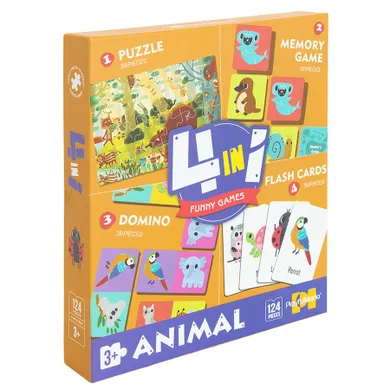 Funny Gamers, Animal, set 4 in 1, puzzle + memory + domino + cartonase, 124 elemente