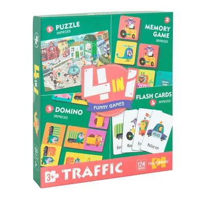 Funny Games, Traffic, set 4 in 1, puzzle + memory + domino + cartonase, 124 elemente
