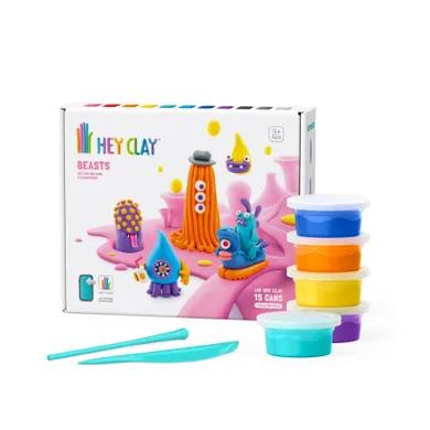 Hey Clay, Beasts, set creativ, 15 cutii de plastilina