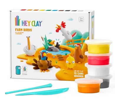 Hey Clay, Farm Birds, set creativ, 15 cutii de plastilina