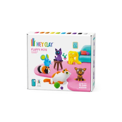 Hey Clay, Fluffy Pets, set creativ, 15 cutii de plastilina