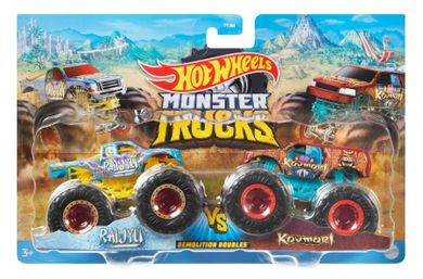 Hot Wheels, Monster Trucks, Demolition Doubles, Raijyu vs Koum, set cu 2 masinute