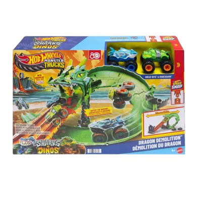 Hot Wheels, Monster Trucks, Dragon Demolition, set de joaca cu 2 masini