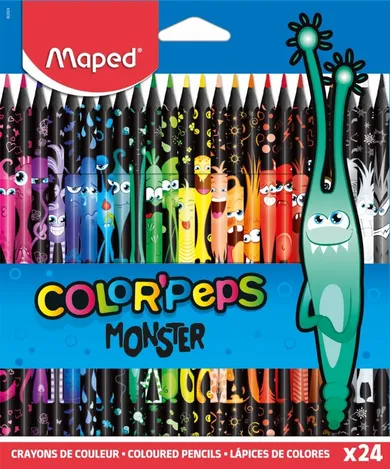 Maped, Color'Peps, Monster, creioane colorate triunghiulare cu invelis negru, 24 buc.