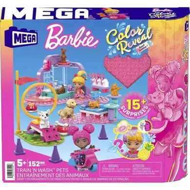 Mega Bloks, Barbie, Color Reveal, Train 'N Wash Pets, set de constructie, 152 piese