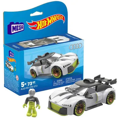 MEGA Hot Wheels, Audi R8 LMS GT2, masina si figurina, set de constructie, 73 piese