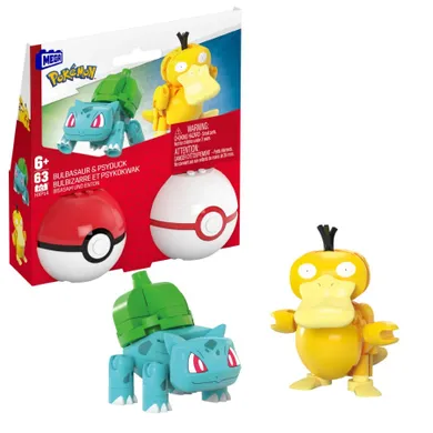 MEGA Pokemon, Pokeball Bulbasaur si Psyduck, 2 figurine, set de constructie, 63 piese