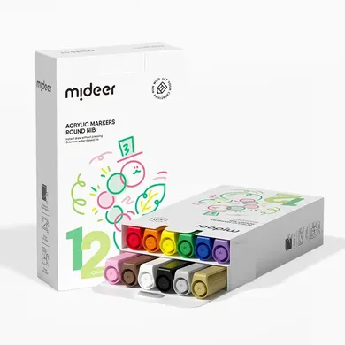 Mideer, markere acrilice cu varf rotund, 12 culori