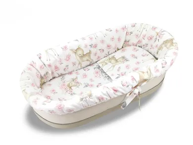MimiNu, Caprioare, set: protectie universal pentru gondola, patut, cos de Moses + saltea 35-75 cm + perna 33-32 cm, roz