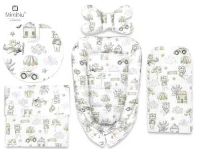 MimiNu, Piloti, set 4 piese: babynest, perna fluture, paturica, salteluta, verde-olive