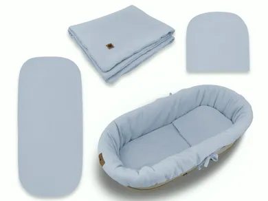 MimiNu, set:  protectie universal pentru gondola, patut, cos de Moses + saltea + perna, muselina, denim