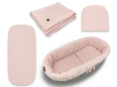 MimiNu, set: protectie universal pentru gondola, patut, cos de Moses + saltea + perna, muselina, roz