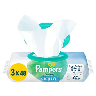 Pampers Harmonie Aqua, servetele umede, 0% plastic, 3 pachete x 48 buc., 144 buc.