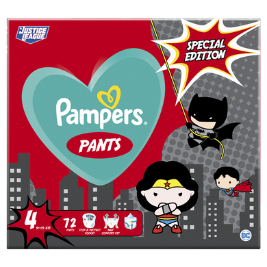 Pampers Pants cu supereroii, scutece-chilotel DC marimea 4, 9-15 kg, 72 buc.