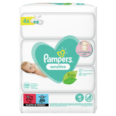 Pampers Sensitive, servetele umede, 4 pachete de 80 servetele, 320 buc.