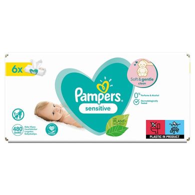 Pampers Sensitive, servetele umede, 6 pachete de 80 servetele, 480 buc.