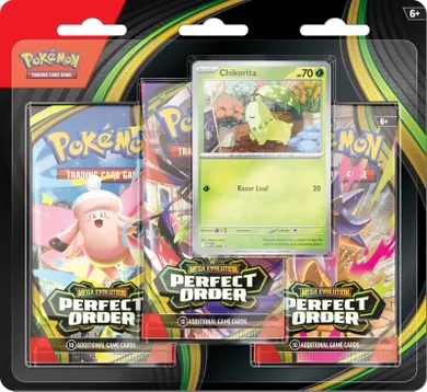 Pokemon TCG: Mega Evolution, Perfect Order, 3-Pack Blister, Chikorita, joc de carti