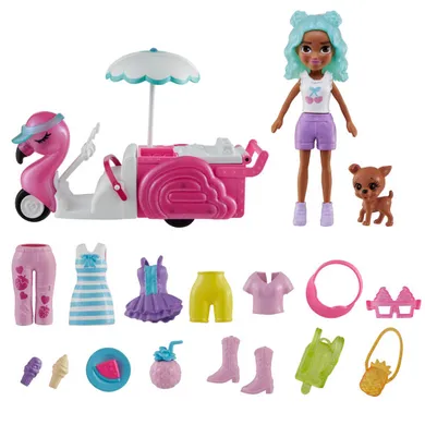 Polly Pocket, Flamingo Snack Cart, set de joaca cu figurina si accesorii